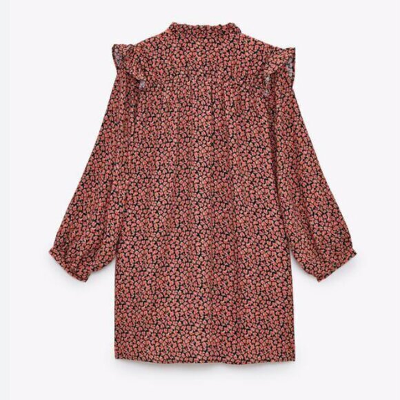 Zara Red Floral Printed Button Ruffle Shoulder Long Sleeve Mini Dress XL - Picture 12 of 13